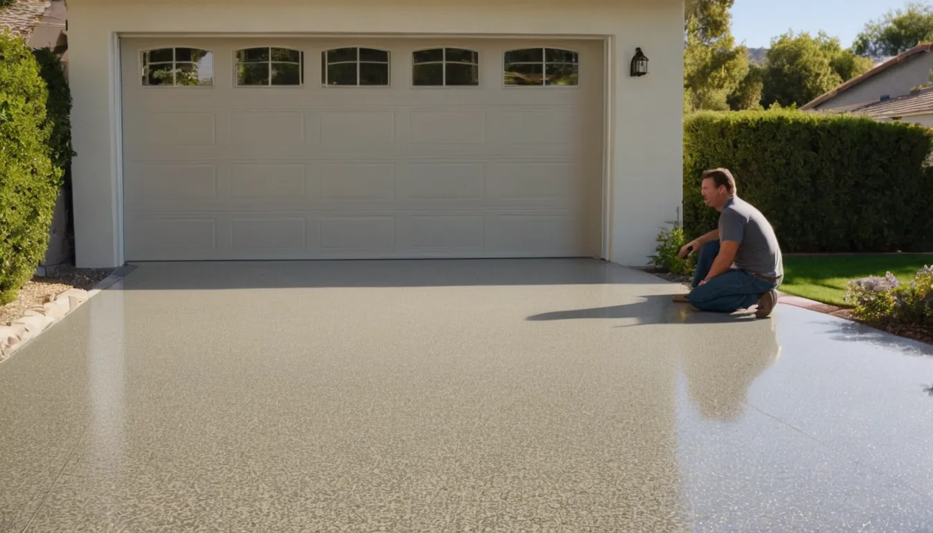 Freshly coated epoxy garage floor with color flakes in a stucco home in San Jacinto